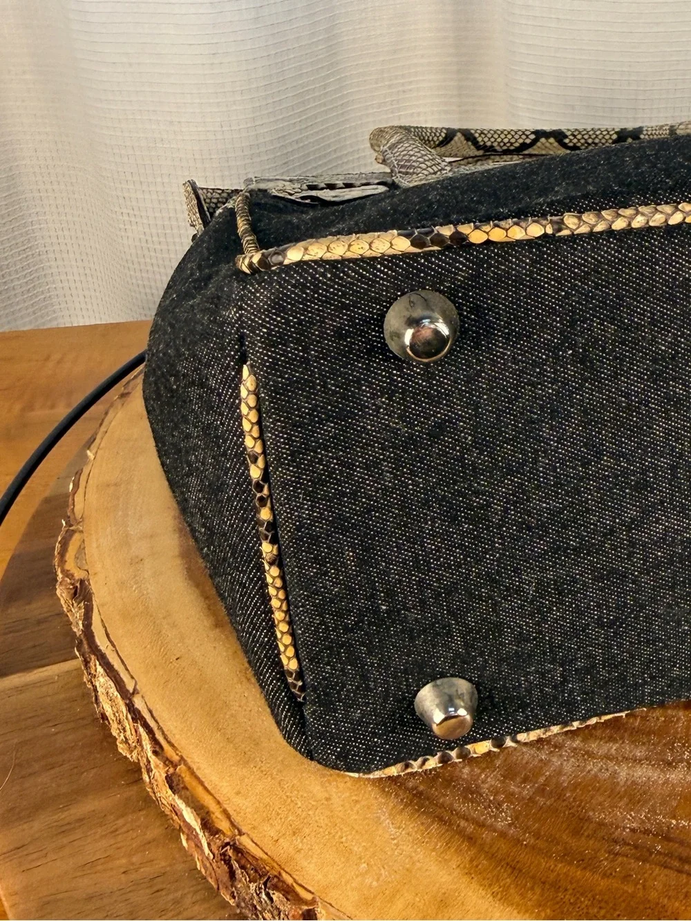 Castellari Milano Italian Leather & Denim Canvas Satchel-Snakeskin Leather Trim